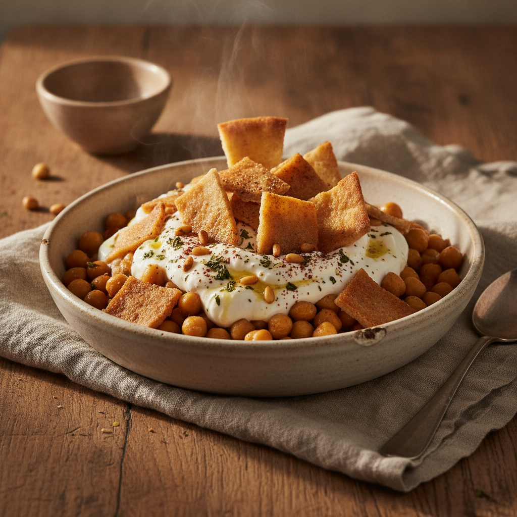 Layered Chickpea, Yogurt, and Toasted Bread Dish