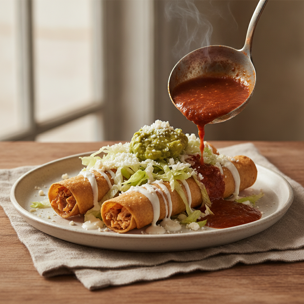 Flautas de Pollo — Crispy Rolled Chicken Tortillas with All the Toppings