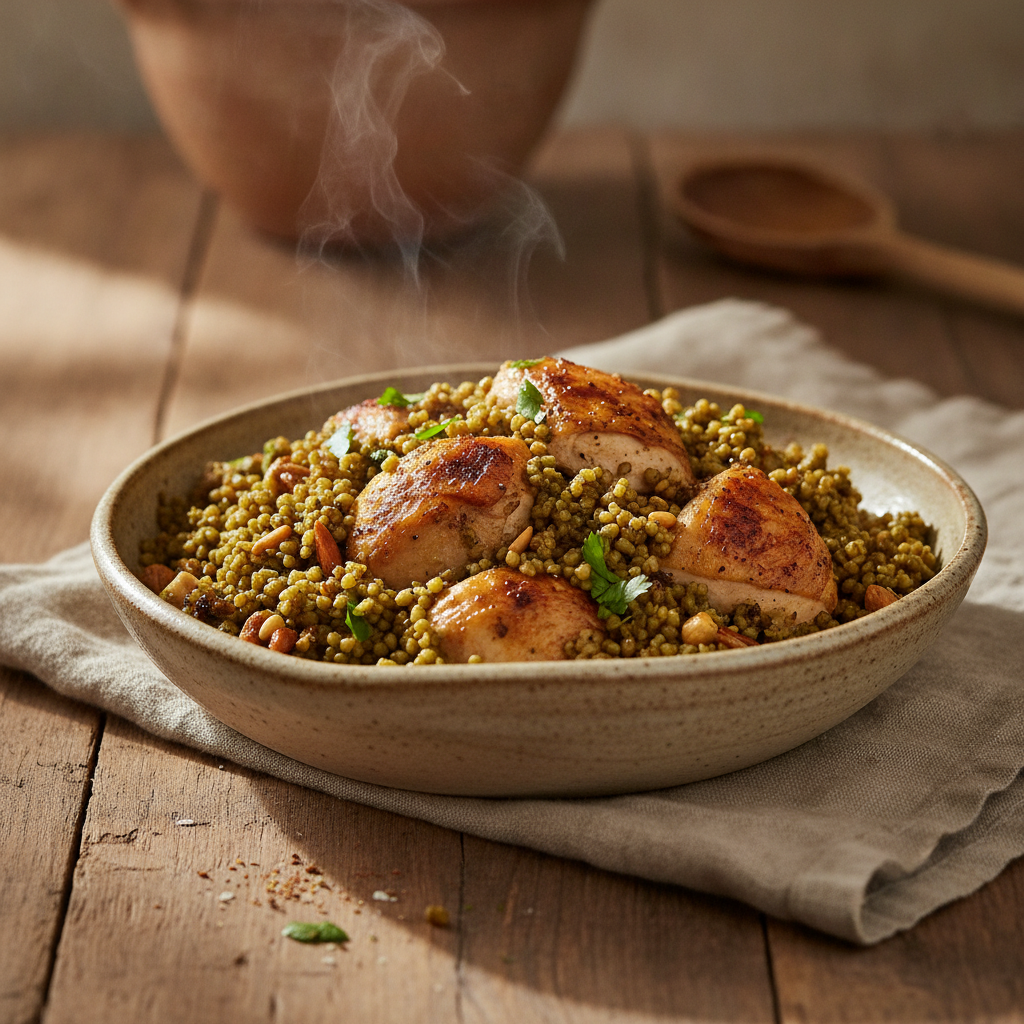 Nutty roasted green wheat pilaf with chicken