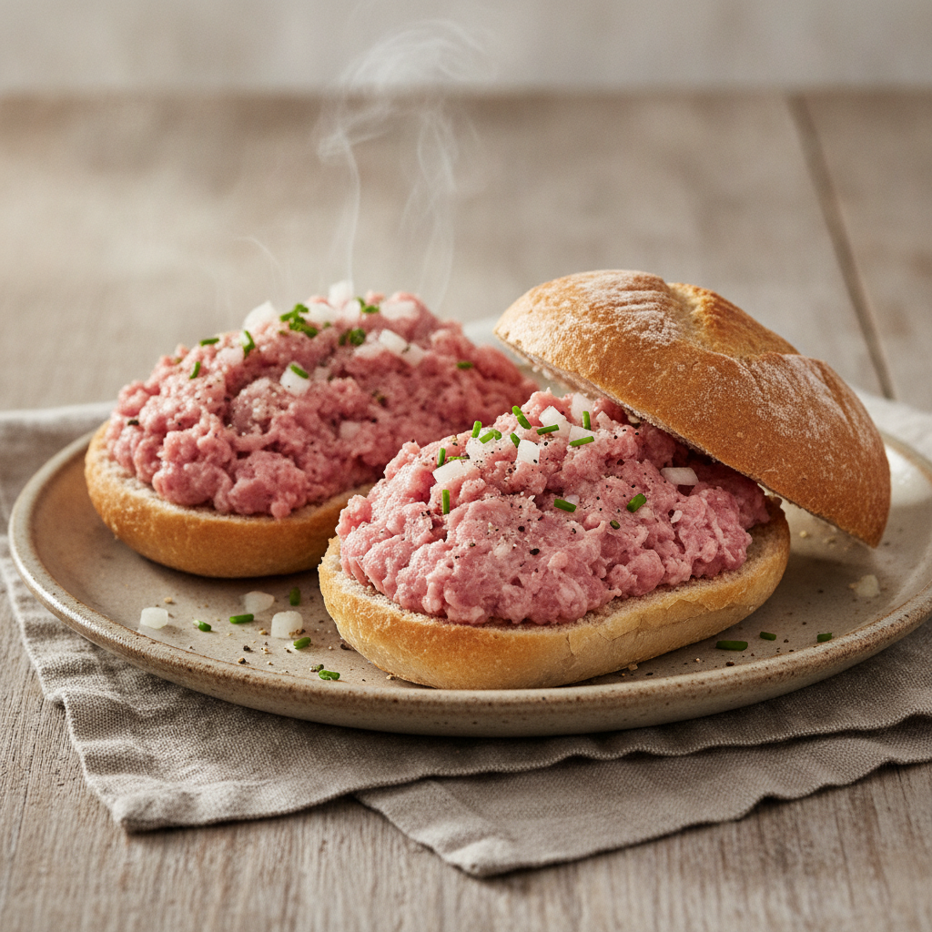 Fresh Mettbrötchen Raw Minced Pork on a Bread Roll