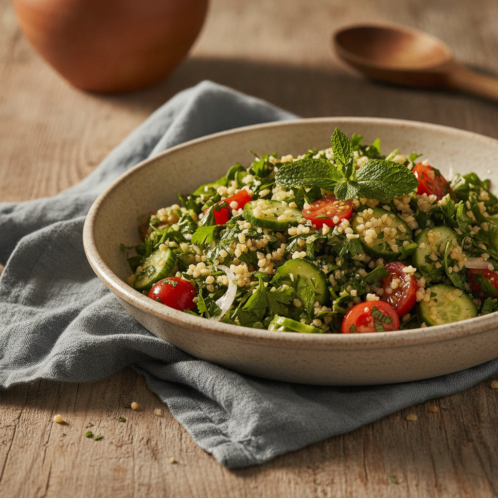 Refreshing salad with finely chopped parsley, bulgur, and mint