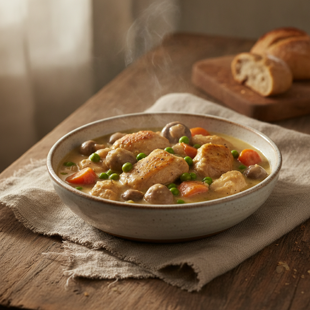 Fricassée de Volaille: Creamy chicken mushroom stew with vegetables