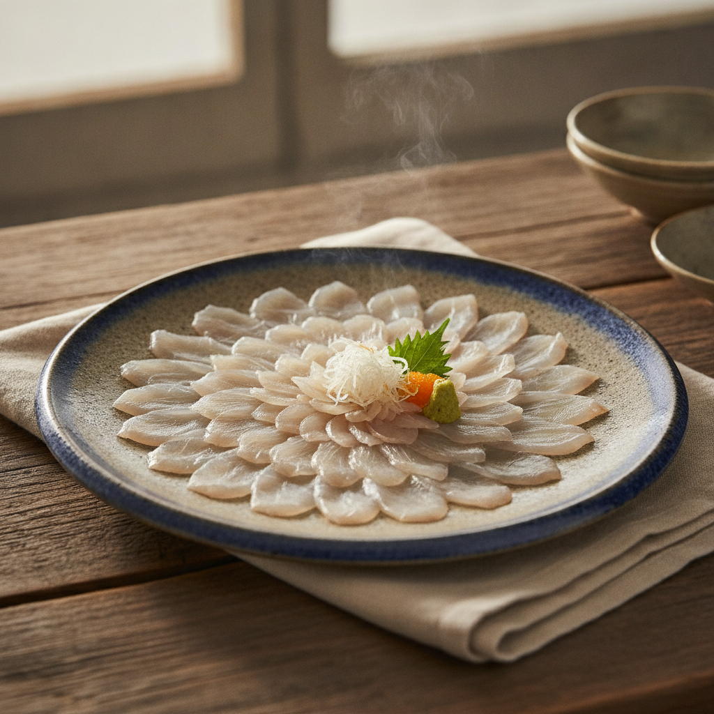 Delicate Thinly Sliced Pufferfish Sashimi, Carefully Prepared