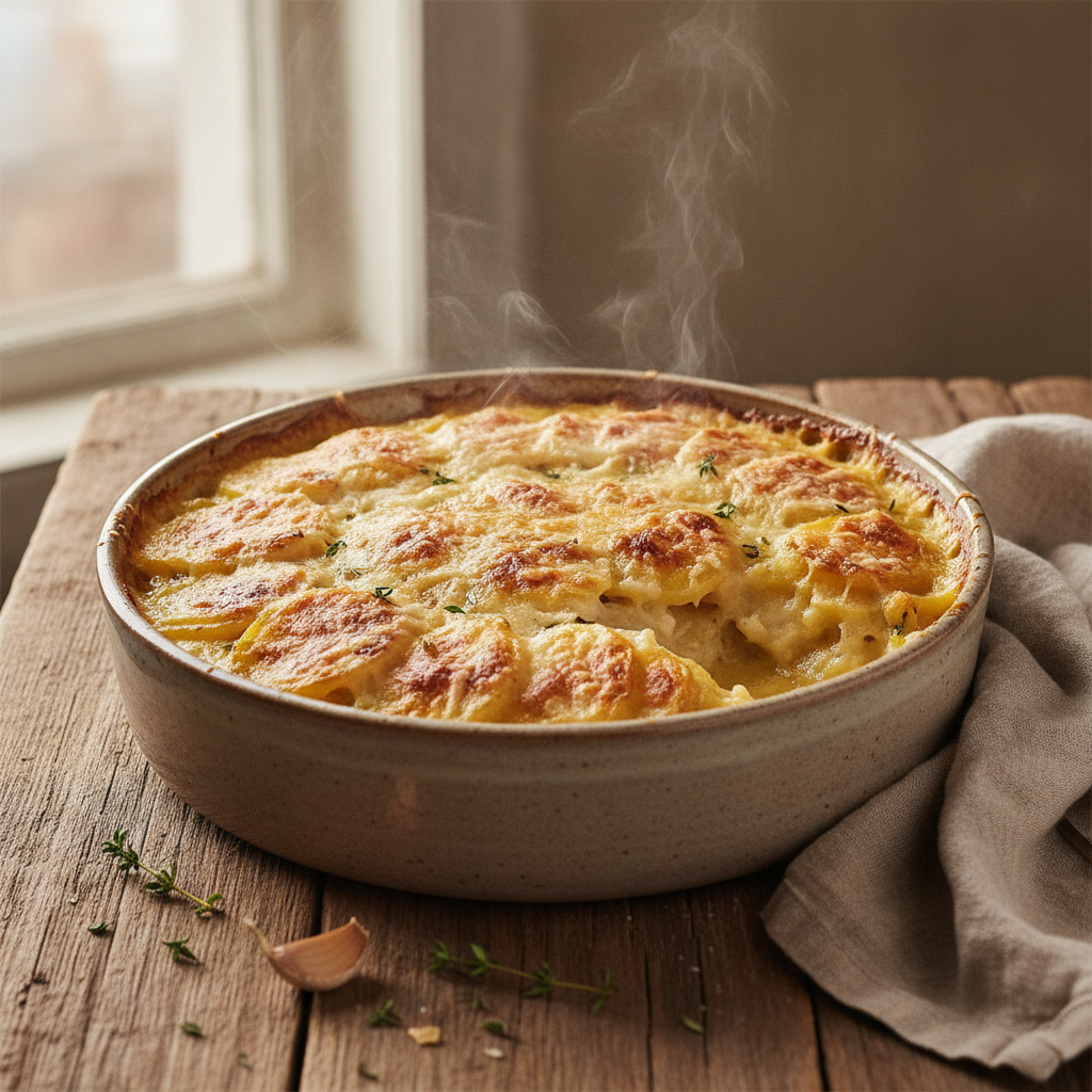 Creamy Scalloped Potatoes Baked with Garlic and Cheese