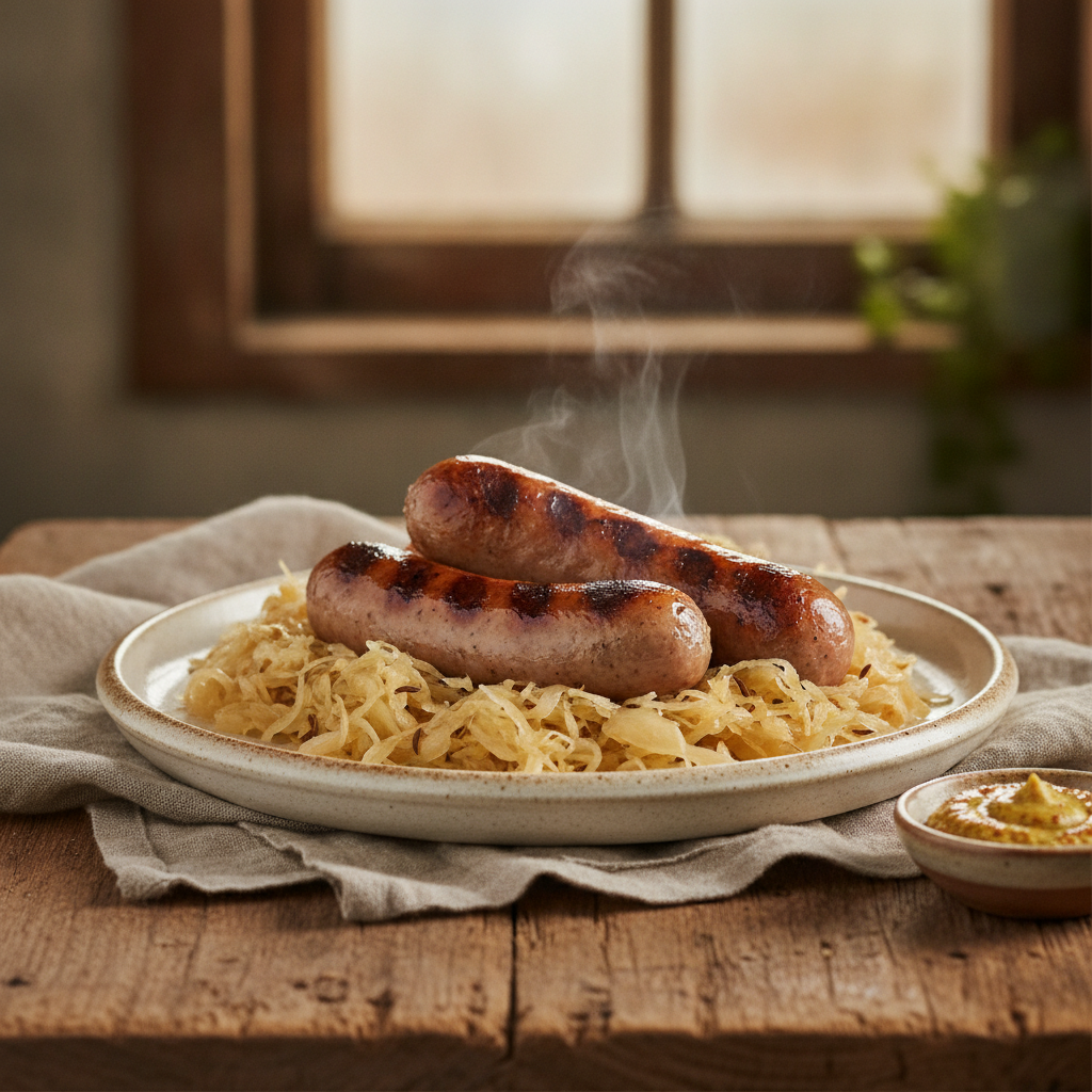 Hearty Grilled Bratwurst Served with Sauerkraut