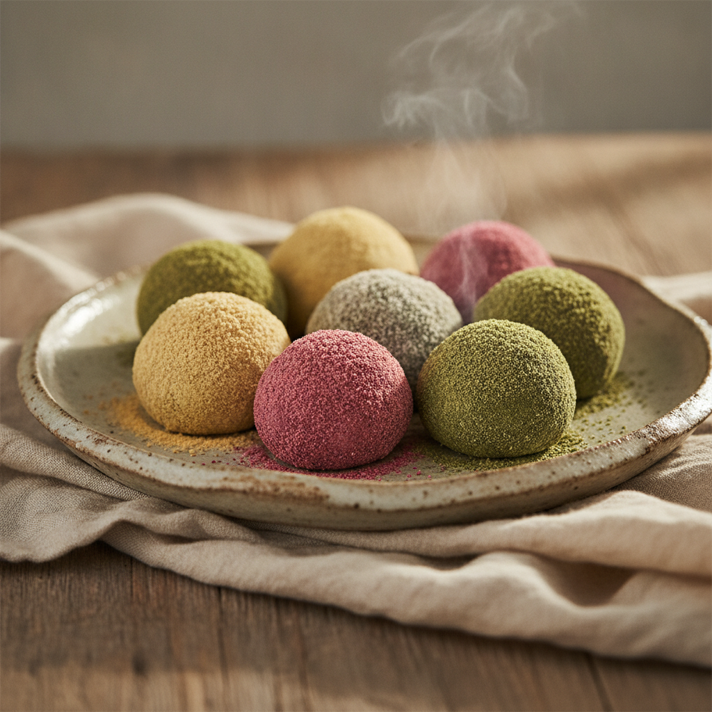 Colorful Boiled Rice Cakes Coated with Various Sweet Powders