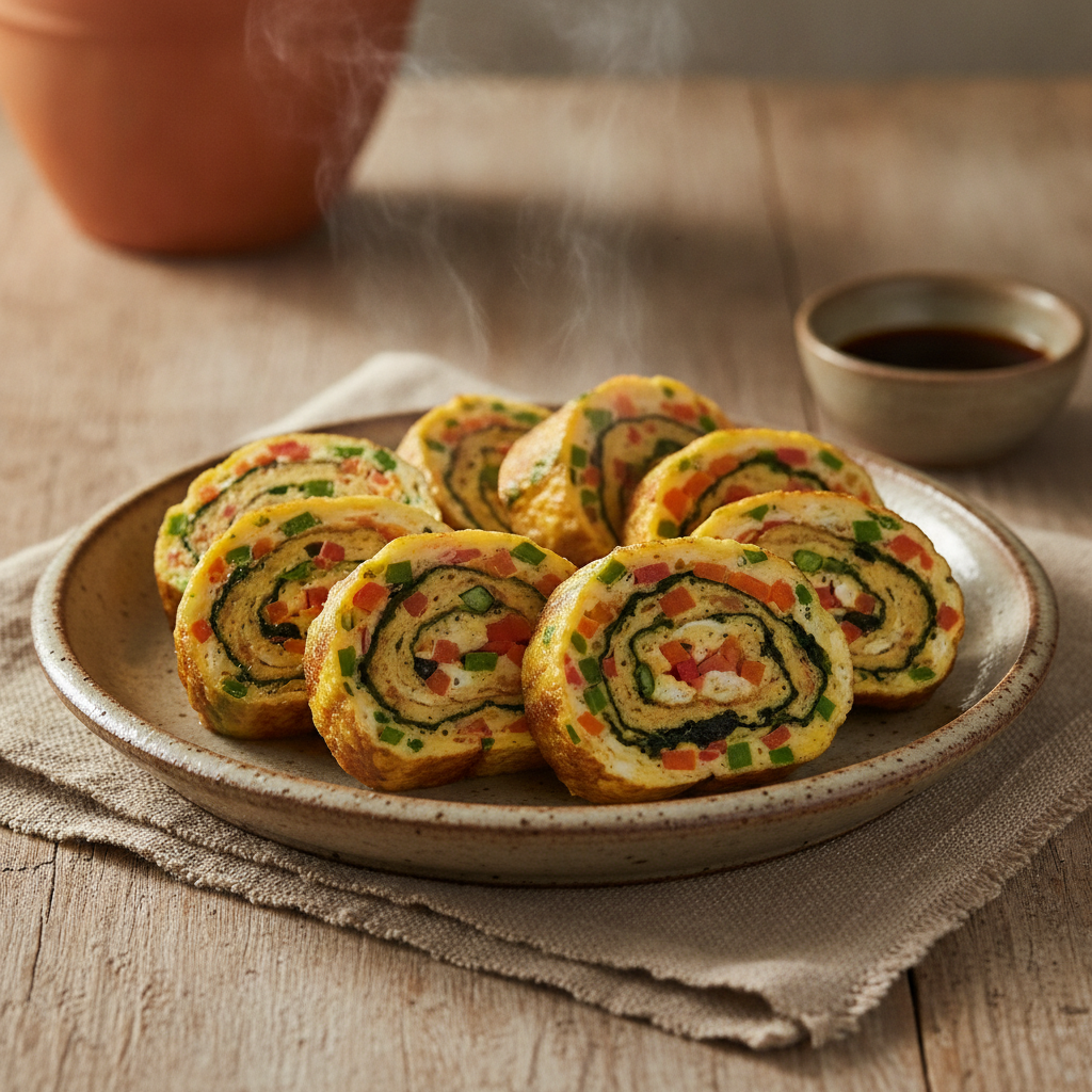 Savory Korean Rolled Omelet with Vegetables and Seaweed