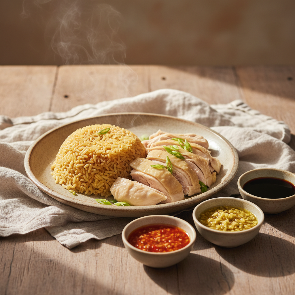 Hainanese Chicken Rice: Poached Chicken, Fragrant Rice, Three Sauces