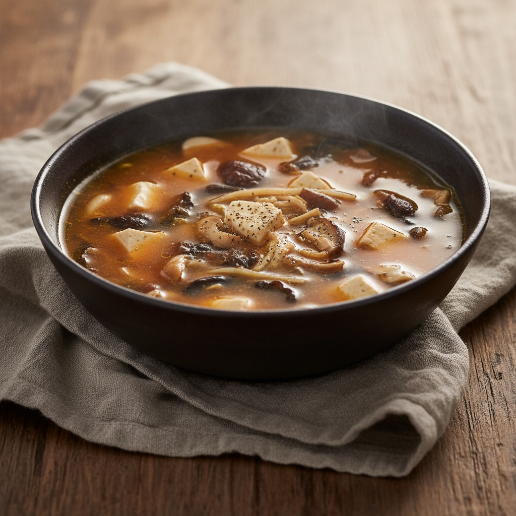 Hot and Sour Soup: Black Vinegar, White Pepper, Tofu, Mushrooms