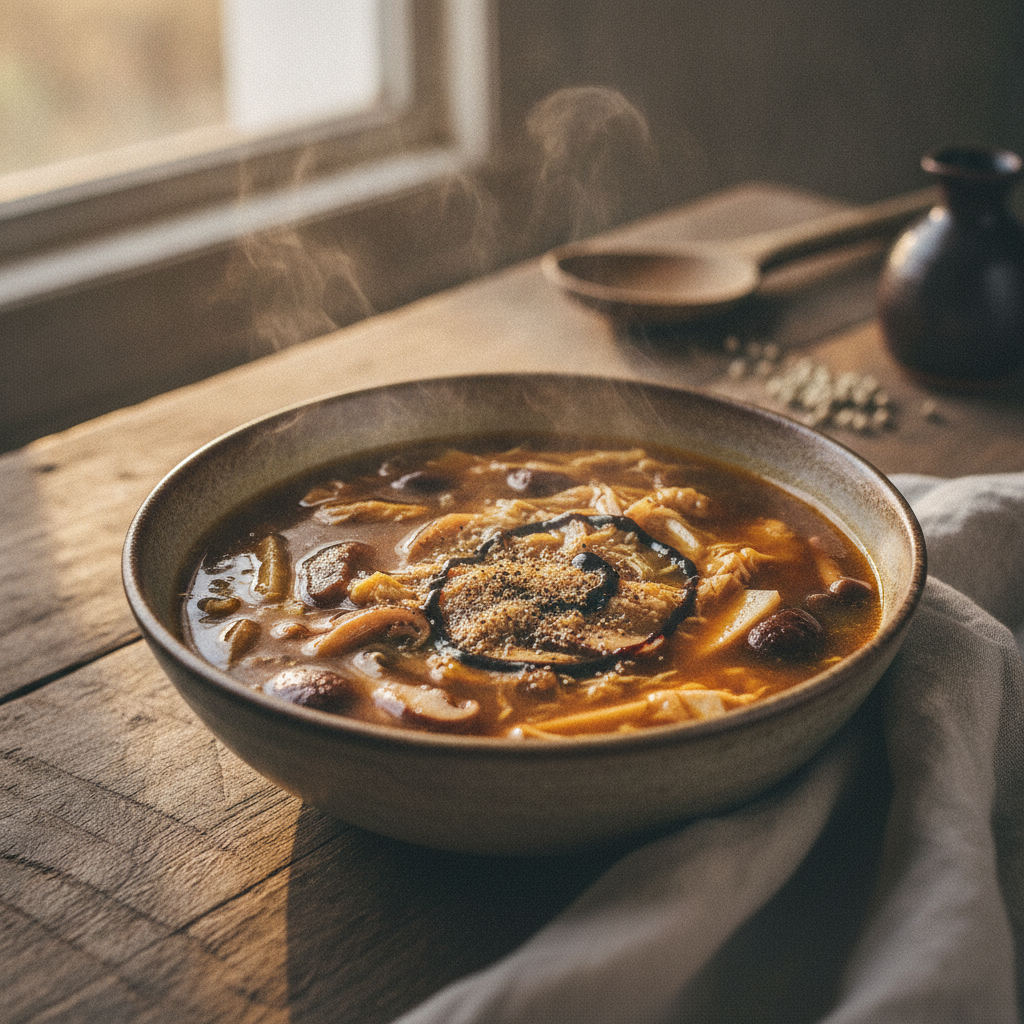 Hot and Sour Soup — Three Mushrooms, Black Vinegar, White Pepper