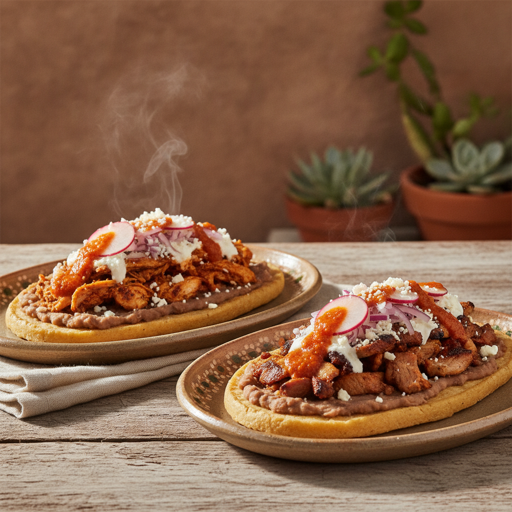 Huaraches: Oval Masa Base with Beans, Meat, and Toppings