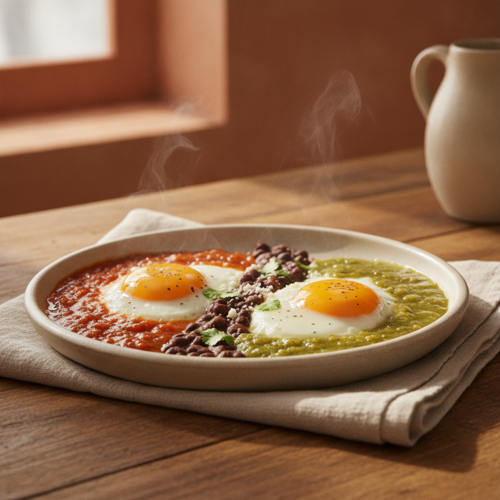Huevos Divorciados: Fried Eggs with Red and Green Salsa