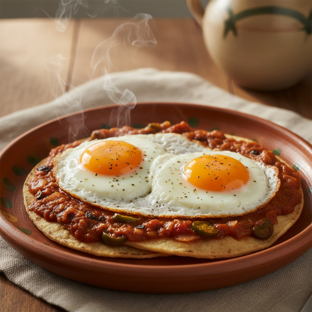 Huevos Rancheros — Fried eggs on charred tomato salsa