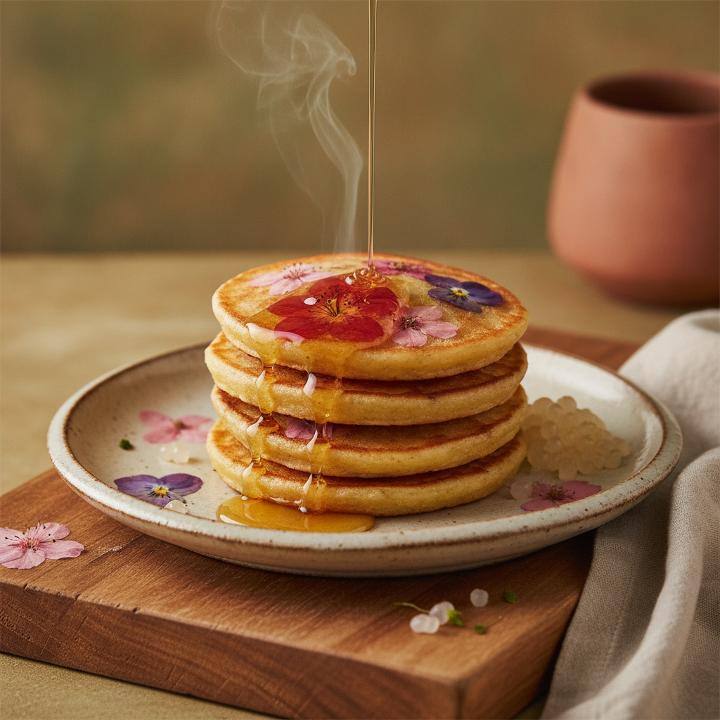 Beautiful Edible Flower Pancakes with Honey and Sticky Rice
