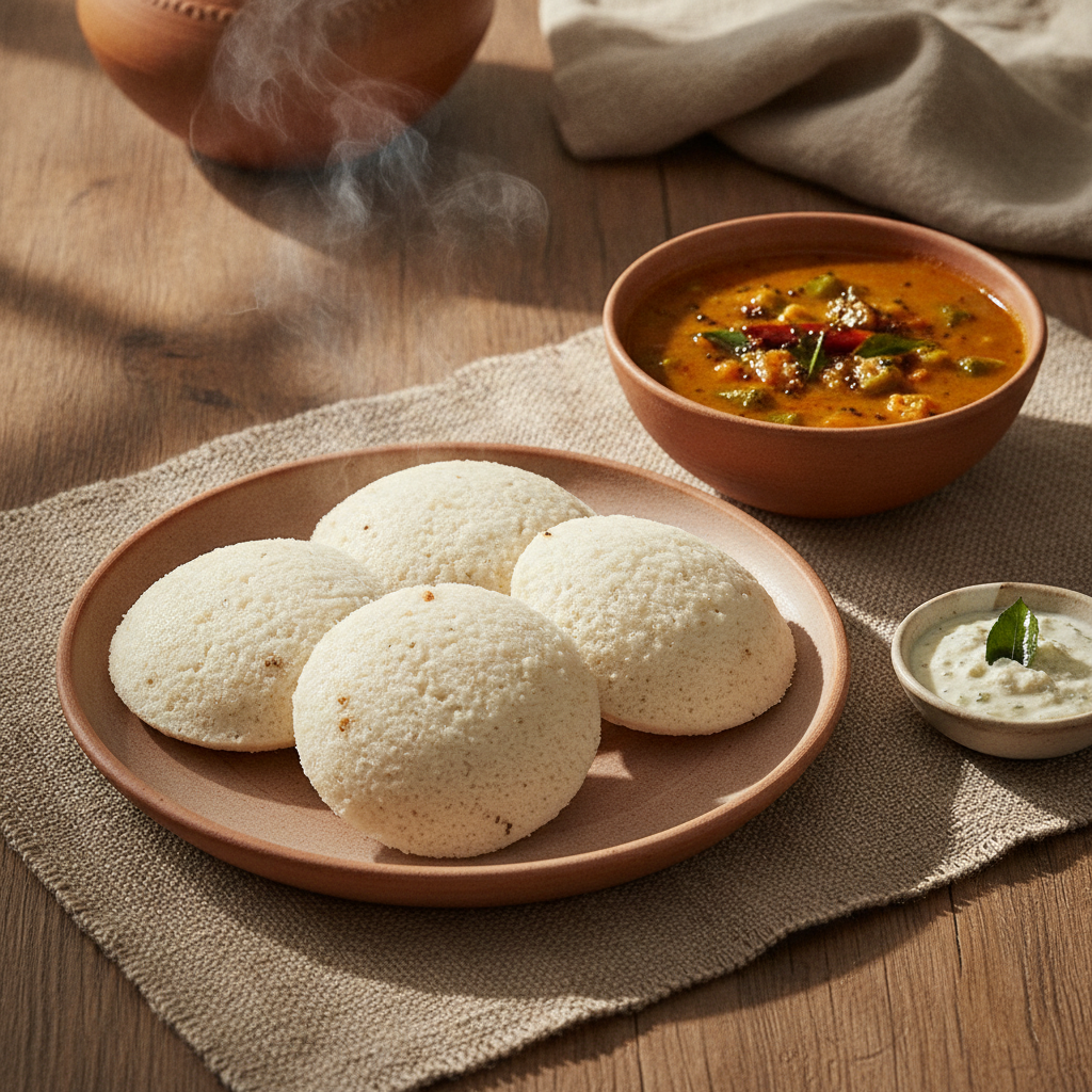 Idli with Sambar — Fermented Steamed Rice-Lentil Cakes with Tamarind Lentil Stew