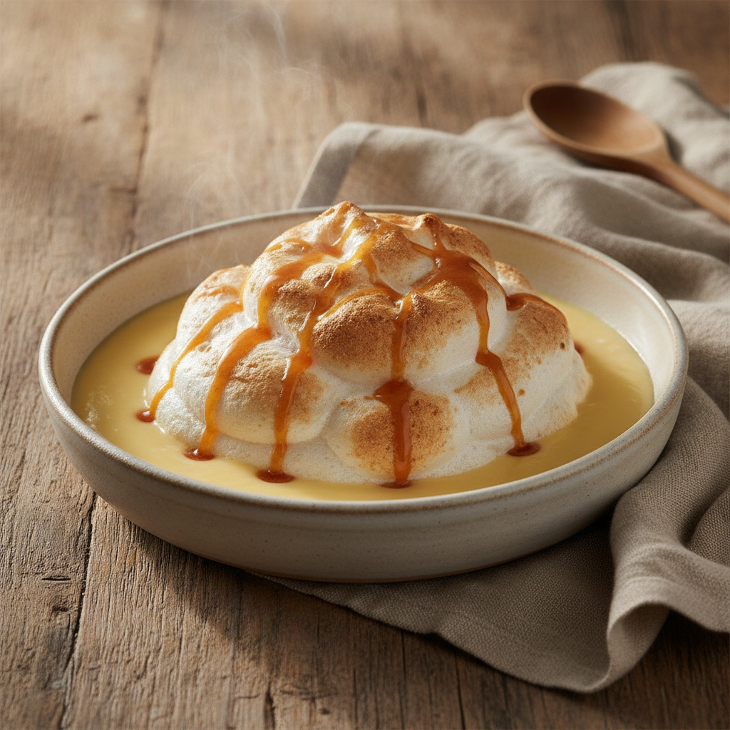 Meringue Floating Island with Custard and Caramel