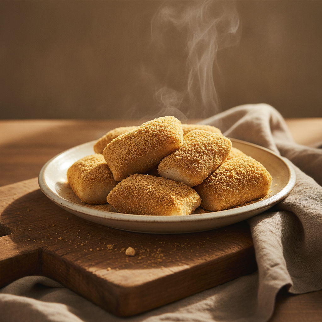 Chewy Sticky Rice Cake Coated with Toasted Bean Powder