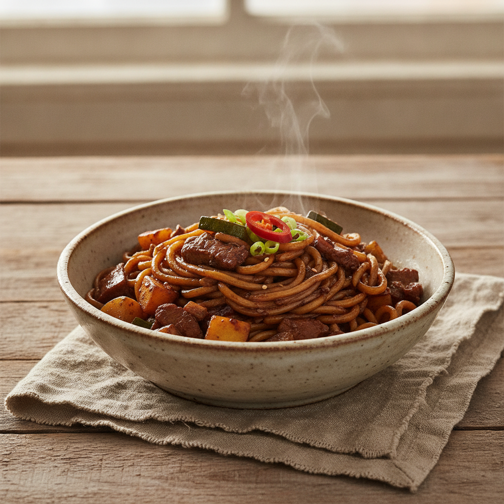 Hearty Black Bean Sauce Noodles with Pork and Vegetables