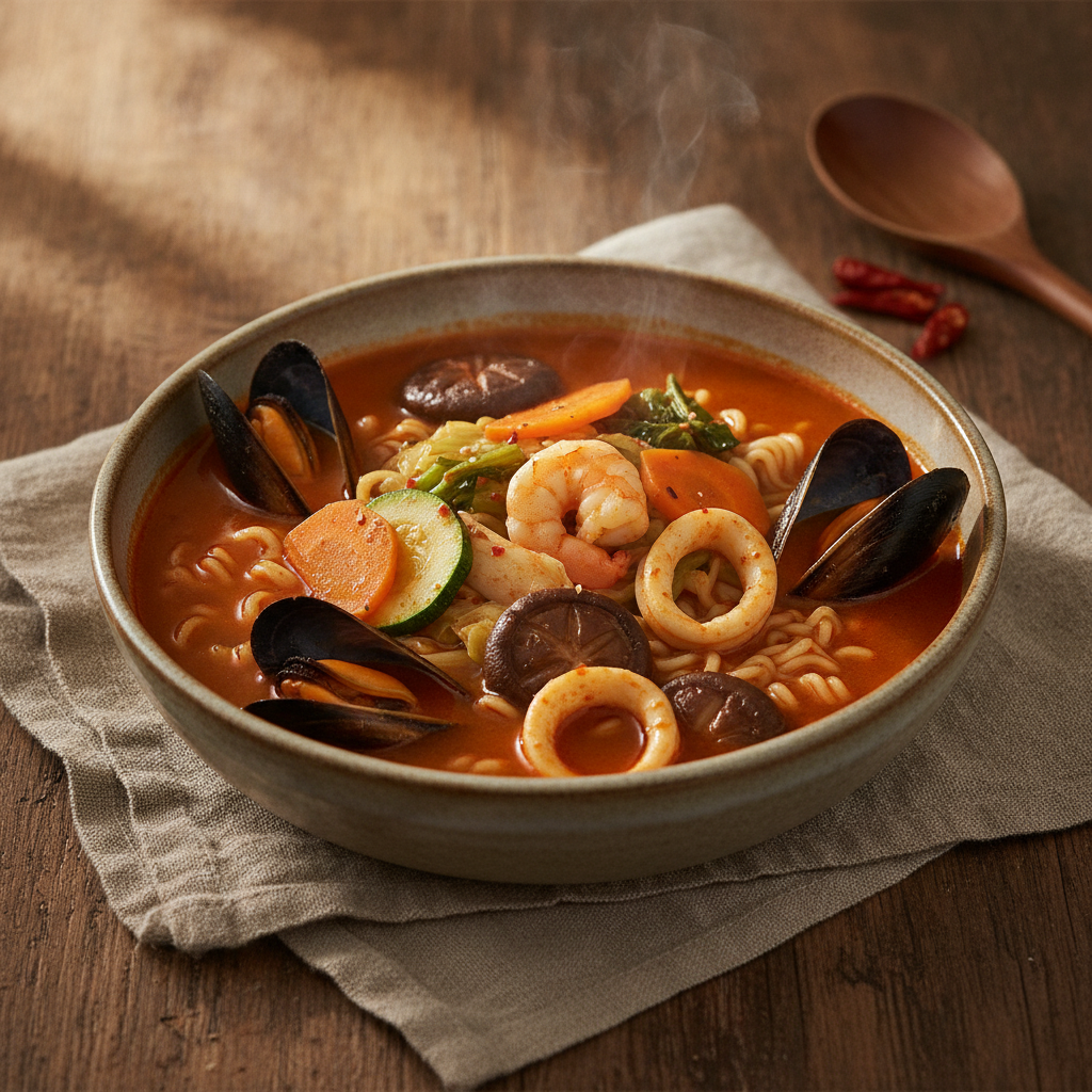 Fiery Spicy Seafood Noodle Soup with Assorted Vegetables