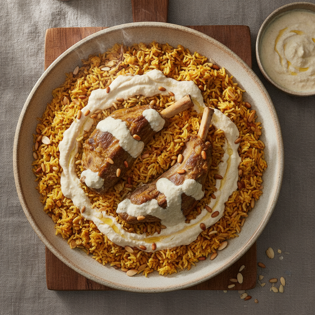 Traditional Jordanian lamb and rice with fermented yogurt sauce