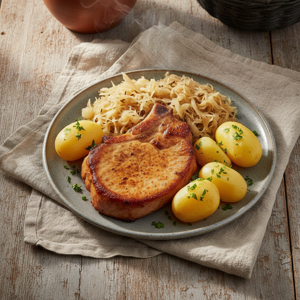 Smoked Pork Chop Sauerkraut Boiled Potatoes