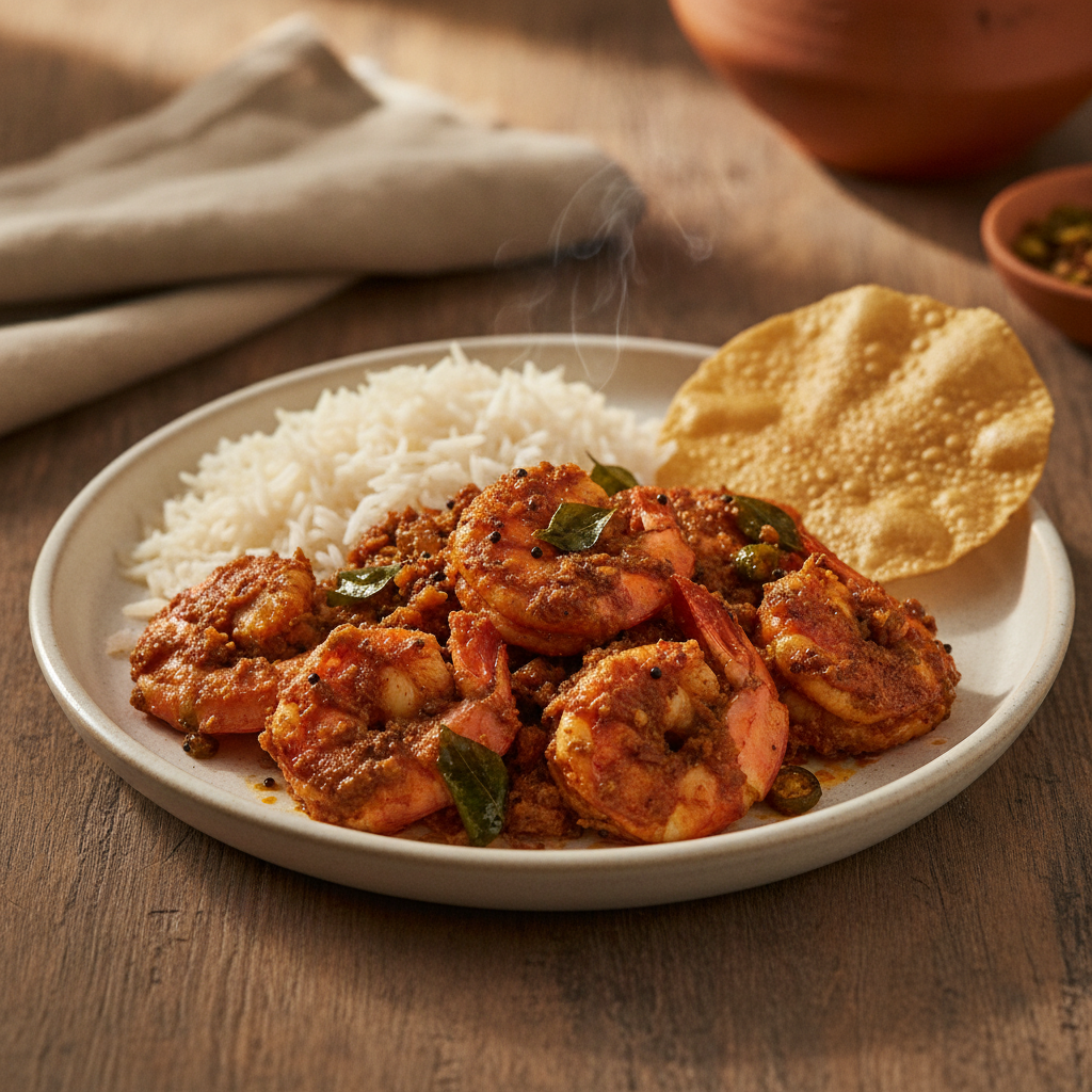 Kerala Konju Masala: Prawns in Coconut Oil with Mustard and Curry Leaf