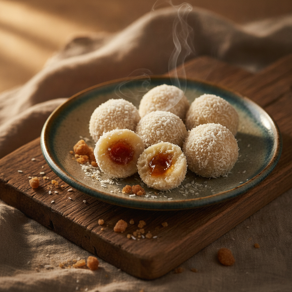 Sweet Boiled Coconut Balls with Palm Sugar