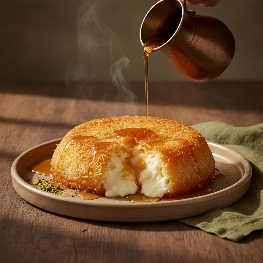 Golden shredded phyllo with soft cheese and sweet syrup