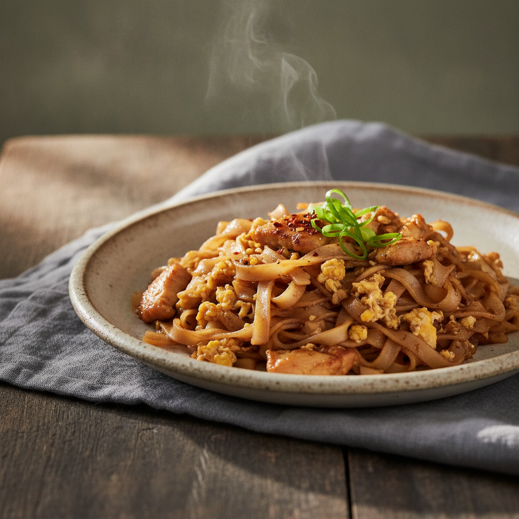 Stir-fried Wide Rice Noodles with Chicken and Egg