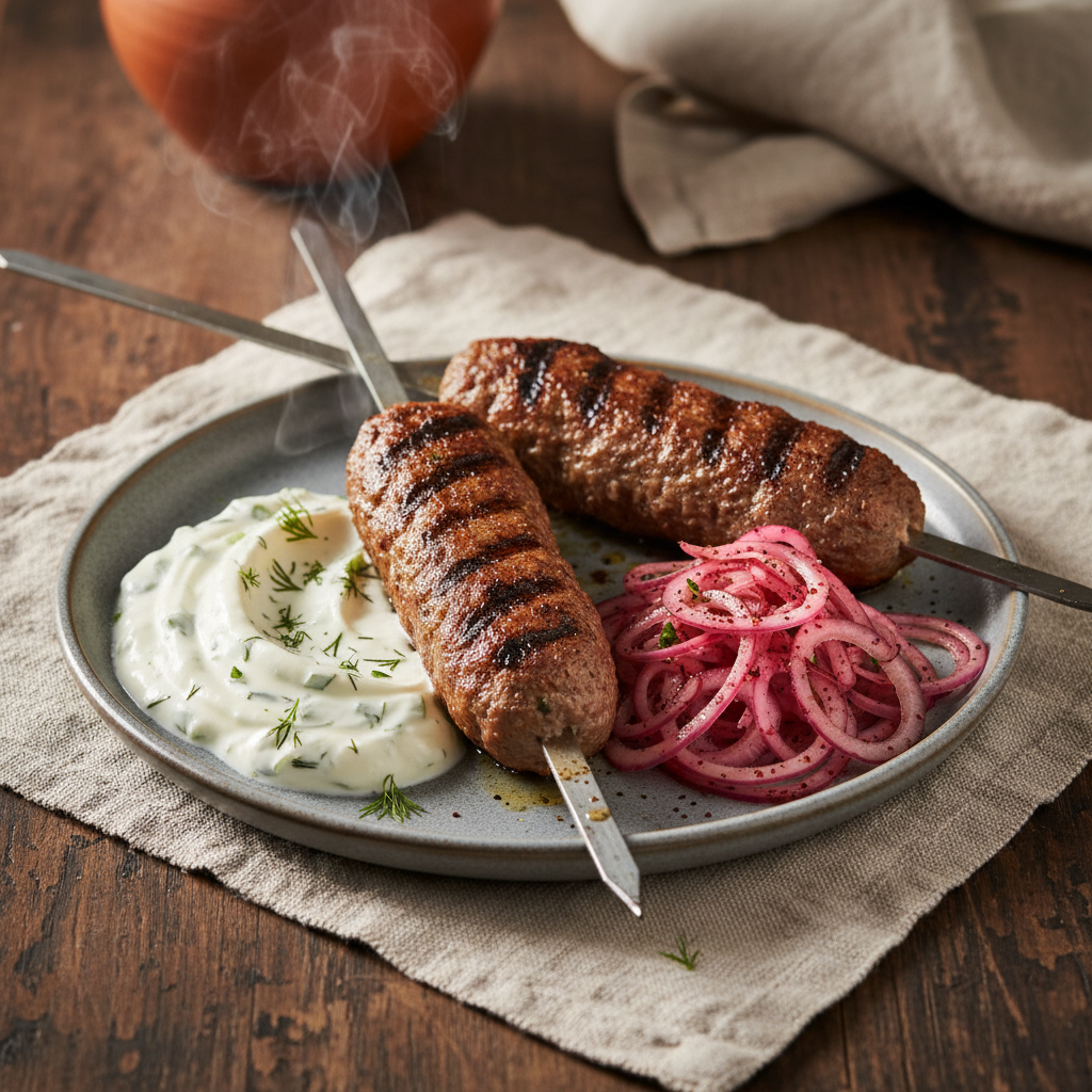 Lamb Kofta with Yogurt-Cucumber Sauce and Sumac Onions