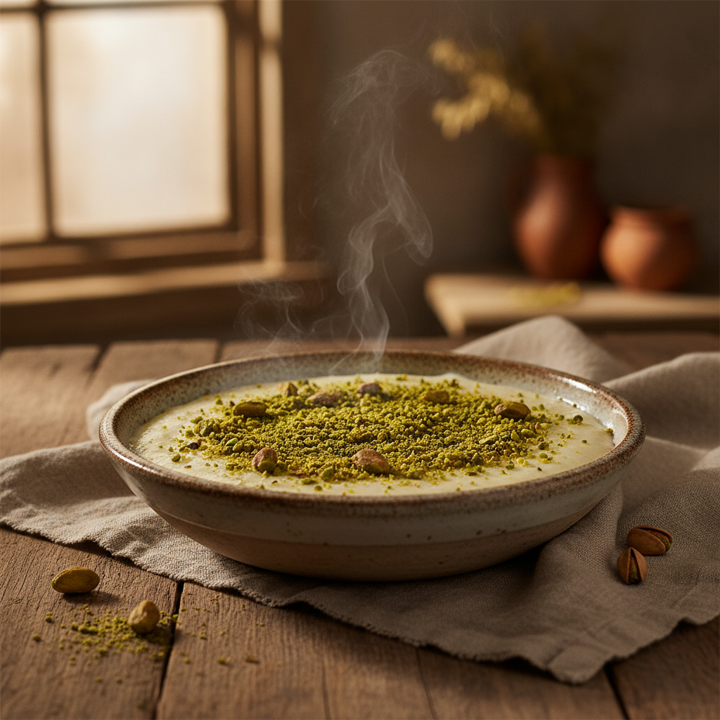 Layali Lubnan: Lebanese Semolina Cream Pudding with Pistachios