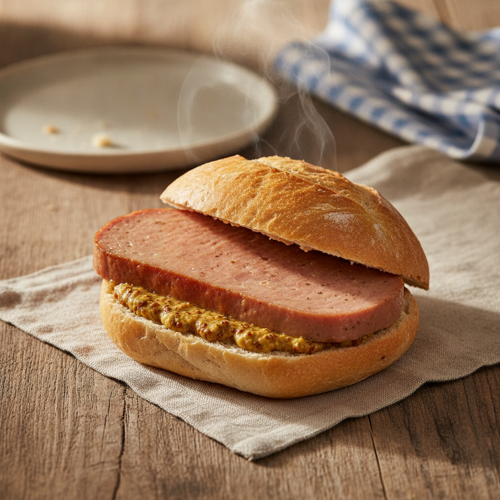 Warm Leberkäse Slice in a Bread Roll