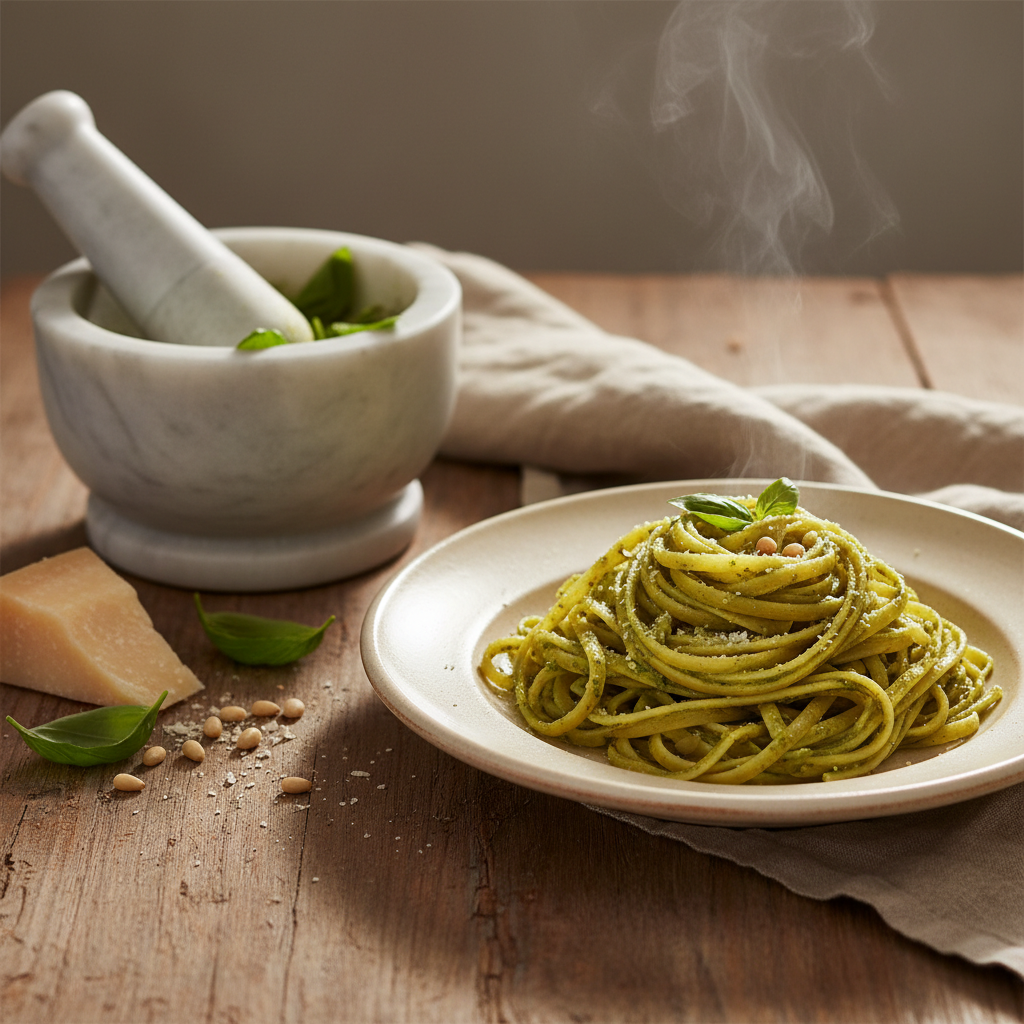 Linguine al Pesto Genovese — Marble Mortar, No Blender, No Excuses