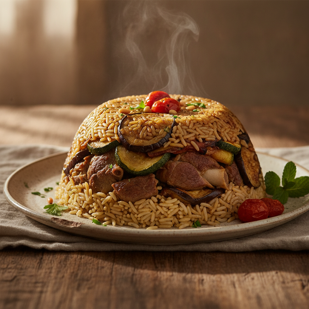Layered upside-down rice dish with vegetables and meat