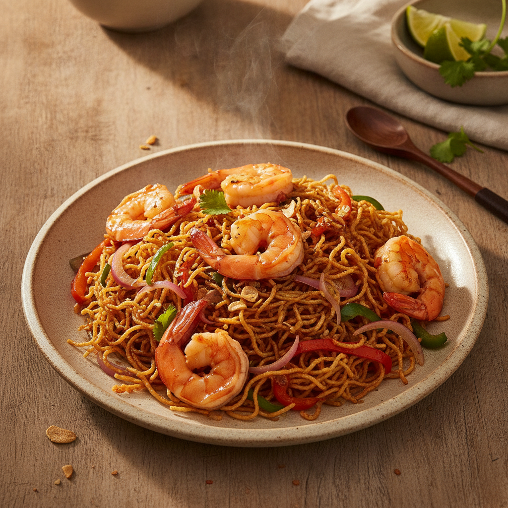 Sweet and Sour Crispy Rice Noodles with Prawns