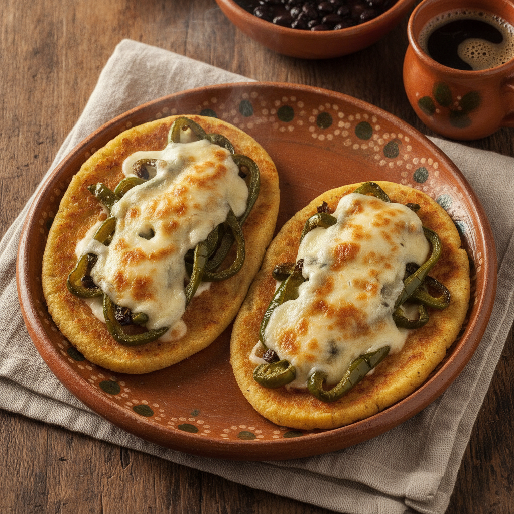 Memelas de Rajas: Oaxacan Masa Cakes with Roasted Poblano and Melted Cheese