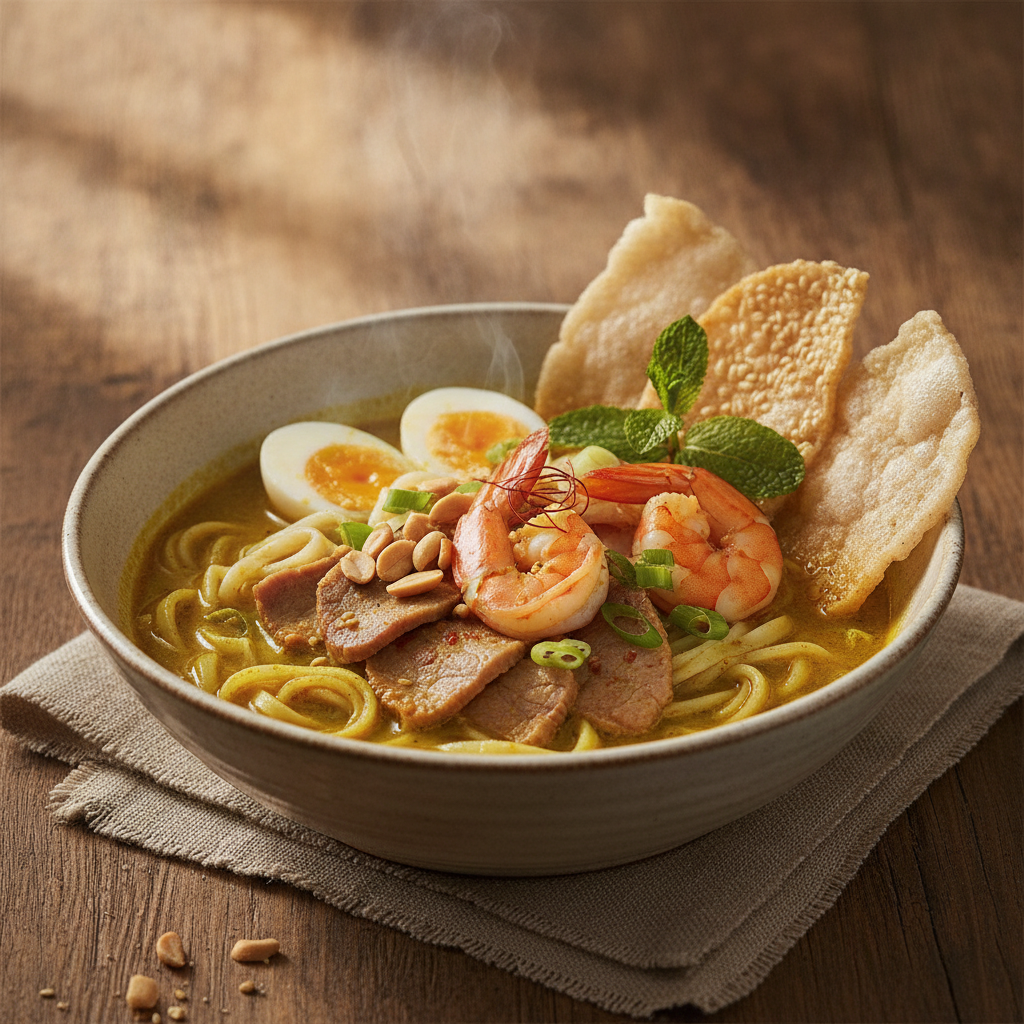 Quang-style Noodles with Turmeric and Various Toppings