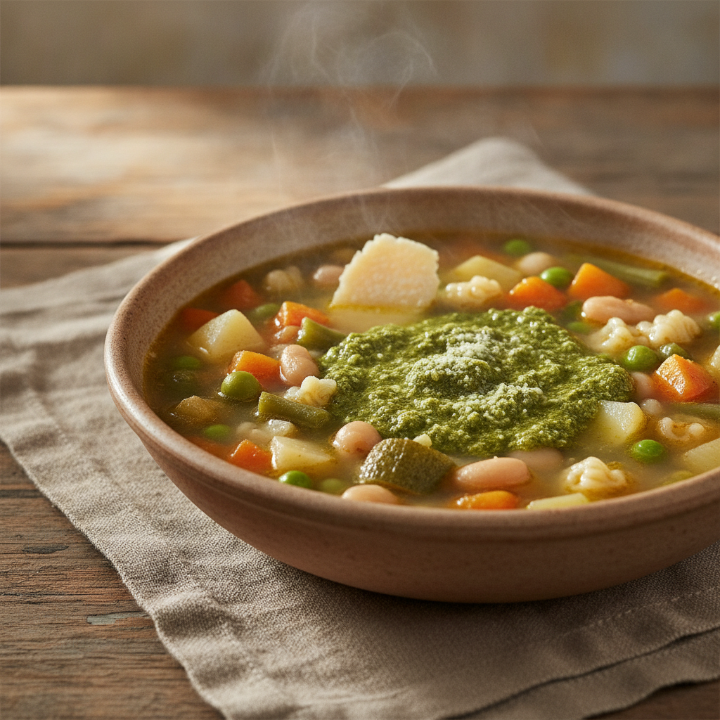 Minestrone Genovese (Ligurian Vegetable Soup with Basil Pesto)