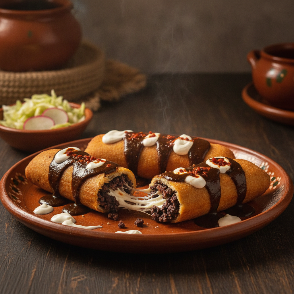 Molotes Oaxaqueños — Fried Masa Rolls with Black Bean and Chorizo