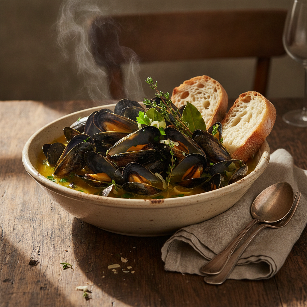 Moules Marinières: Steamed Mussels in White Wine and Herbs