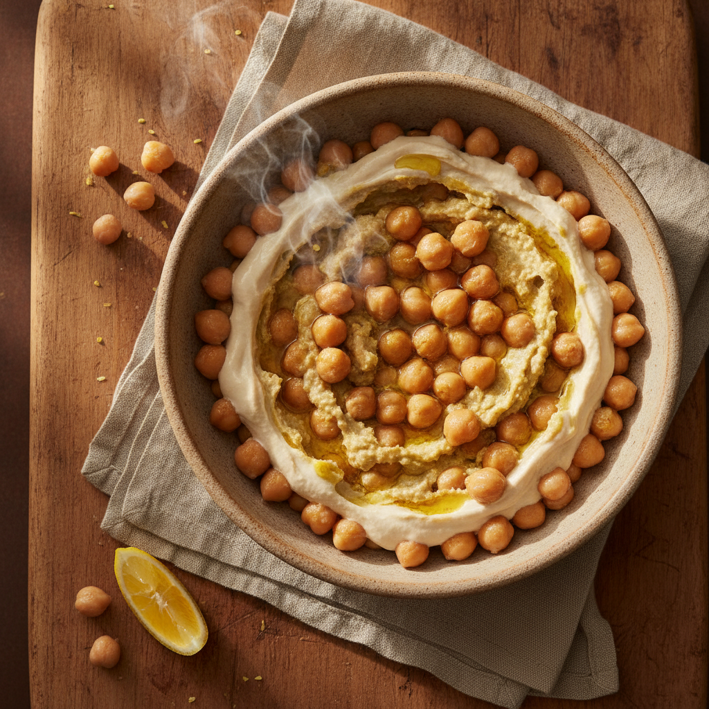 Warm whole chickpea dish with tahini and lemon
