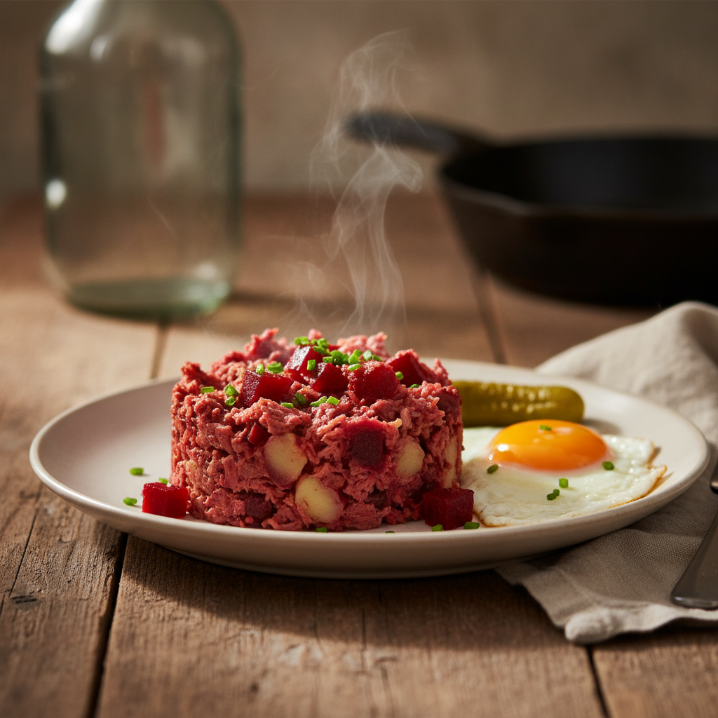 Northern German Labskaus Corned Beef Potato Beetroot Dish