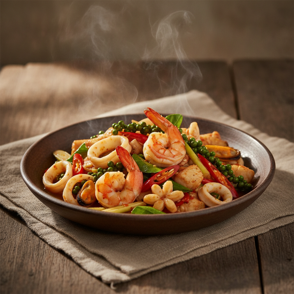 Spicy Stir-fried Mixed Seafood with Herbs and Chili