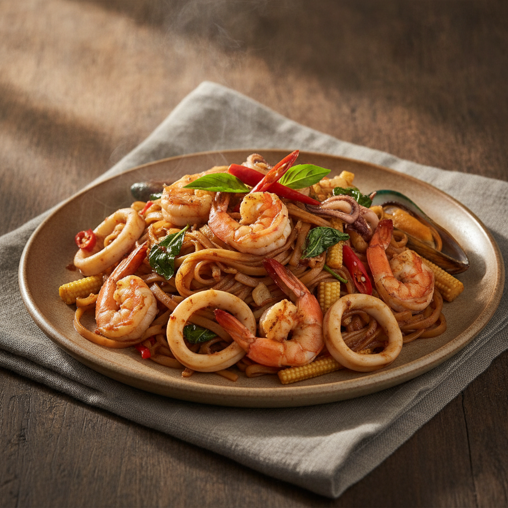 Spicy Seafood Drunken Noodles with Holy Basil