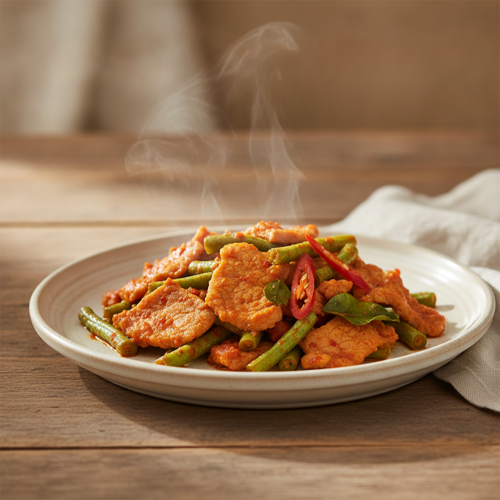 Stir-fried Red Curry Paste with Pork and Beans