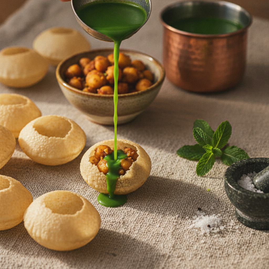 Pani Puri (Golgappa) -- Mint-Coriander Water, Crispy Shells, and the One-Bite Assembly
