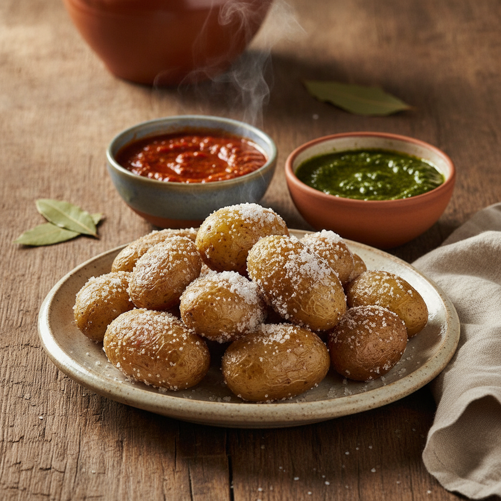Papas Arrugadas con Mojo — Canarian Salt-Crusted Potatoes with Two Sauces
