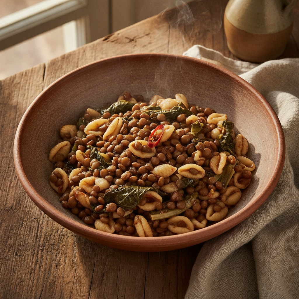 Pasta e Lenticchie alla Pugliese — Orecchiette with Lentils, Chicory and Chili