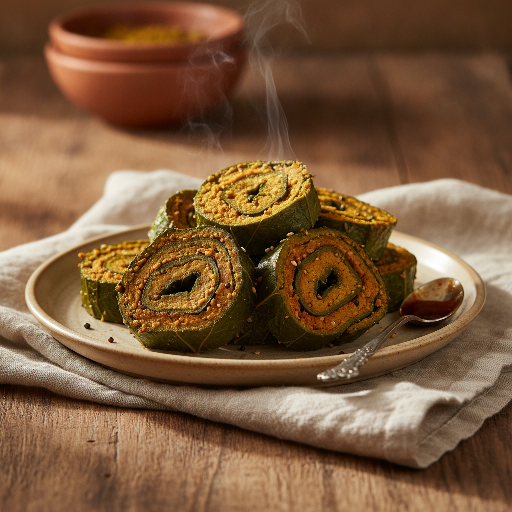 Patra — Steamed and Pan-Fried Gujarati Colocasia Leaf Rolls