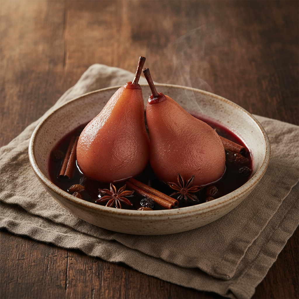 Poached Pears in Sweet Red Wine Sauce